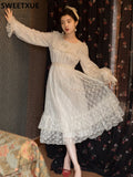 Kukombo Vintage Girl Dress Women 2022 Spring New Romantic Lace Embroidery Vestido Ruffled Flared Sleeves Sweet Kawaii Princess Dress