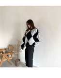 Kukombo Argyle Sweater Patchwork Pullovers 2022 Spring Women Clothing Vintage Knitted Fashion O-Neck Black Casual Long Sleeve