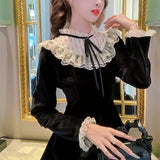 Graduation Gift Big Sale Vintage Velvet Dress Women Long Sleeve Black Lace Y2k Dress Korean Fashion Elegant Sweet Dress Evening Party 2023 Autumn Retro K58