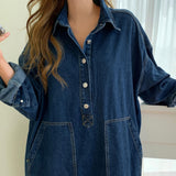 KukomboWomen's Autumn Long Sleeve Denim Shirt Dress Button Pocket Jeans Maxi Dresses Casual Loose Female Street Wear Denim Robe