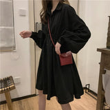 Kukombo Shirt Dress Women Korean Style Polo Collar Black Long Sleeve Wrap Mini Dress Casual Solid Kpop Clothes Woman 2022