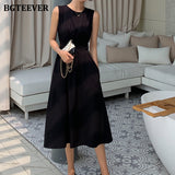 Christmas Gift BGTEEVER Elegant Slim Waist A-line Women Dress Summer O-neck Sleeveless Solid Pockets Female Midi Dress 2021 Workwear Vestidos