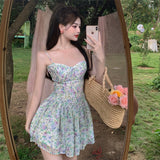 Kukombo  Sexy Strap Floral Dress Women Designer Korean Elegant Sweet Mini Dress Sleeveless Chiffon Slim Fairy Party Dress Summer 2022 New