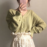 Kukombo Cardigan Women Elegant Spring Hollow Out Chic Long Sleeve Loose V-Neck Feminine Tender Green White Street Outerwear Cozy New Ins