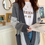 Kukombo Long Cardigan Women Elegant Ladies Loose Ribbed Korean Style Plaid Knitted outwears Sweaters Fashion 2022 Spring Autumn