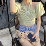 Kukombo Vintage Palace Style Puff Sleeve Shirt Women Summer New Strapless Halter Crop Tops Avocado Green One Shoulder Top Female