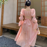 Kukombo Sweet Back Puff Sleeve Dress Women Autumn 2022 New Pink Bandage Dress Fashion Elegant Chiffon Long Dresses Female