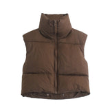 Christmas Gift 2021 Women Fashion Brown Cropped Vest Coat Female Stand Collar Zipper Waistcoat Ladies Casual Outerwear