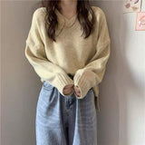 Kukombo Yitimoky Sweater Women Korean Style Autumn Winter Pullovers Loose Casual V-Neck Knitted Top Solid Long Sleeve Vintage Clothing