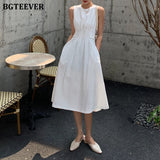 Christmas Gift BGTEEVER Elegant Slim Waist A-line Women Dress Summer O-neck Sleeveless Solid Pockets Female Midi Dress 2021 Workwear Vestidos