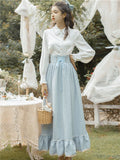 Kukombo Back to school outfit Modern Vintage Style Outfits Sweet Peter Pan Collar Lantern Sleeve White Blouse Lady Shirt & Light Blue Long Skirt Princess Suit