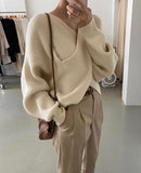 Kukombo Criss-Cross Sweater Khaki Fall 2022 Women Clothing Beige Korean Style Loose Pullovers Fashion Casual Raglan Sleeve Tops