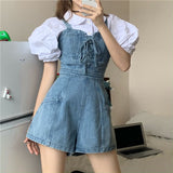 Kukombo  Korean and Japanese jumpsuits women New Short Denim Jumpsuit Romper Women Spring Summer Overalls Casual Jeans Short Playsuits