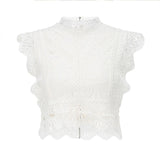 Kukombo White Lace Crochet Tank Tops Women Summer Sexy High Neck Hollow out Zipper Crop Top Slim Fit Tees