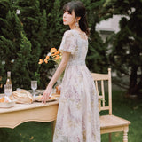 Kukombo Sweet Floral Fairy Dress Women Summer 2022 New French Retro Square Collar Chic Flare Sleeve Lace Hollow Elegant Gentle Vestido