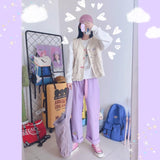 Kukombo  Japanese High Waist Cute Casual Purple Pants Korean Kawaii Girls Wide Leg Trousers Harajuku cartoon embroidery Denim Pants Women