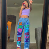 Kukombo Graphics Letter Printed Baggy Women Jeans Pants High Waist Wide Leg Punk Cute Demin Fashion Streetwear Girls 90s