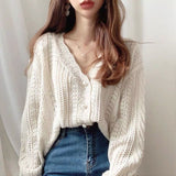 Kukombo Cardigan Women Elegant Spring Hollow Out Chic Long Sleeve Loose V-Neck Feminine Tender Green White Street Outerwear Cozy New Ins