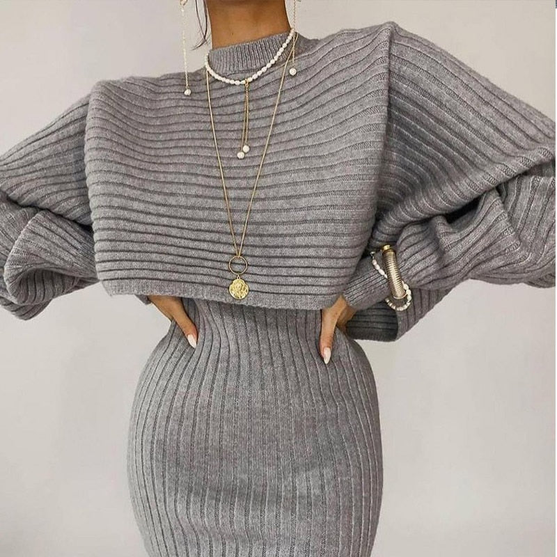 Kukombo Women Elegant Slim Two Piece Sets Female Sweater Dress Autumn