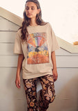 Kukombo Spring Summer Baggy Tee Fashion Ribbed Collar For Texture Screen Printed Oversized Fit Cotton Tshirt For Women