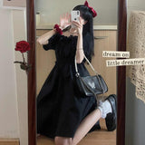 Kukombo Balck Puff Sleeve Women Dresses 2022 Gothic Wrap Kawaii Cute Dress Goth Casual Sundress Dark Academia Clothes