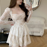 Kukombo French Fairy Dress Women Lace Patchwork Sexy Party Mini Dresses Female Clothing Solid Vintage Slim Kawaii Dress 2022