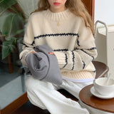 Kukombo Womens Winter Sweaters Striped Knitted Pullovers Black Beige Loose Fashion Casual Jumpers O-Neck Korean New Long Sleeve