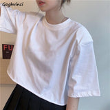 Kukombo Short Sleeve T-Shirts Women Solid Cropped Tops Sexy Stylish Harajuku Streetwear Girls Cool Loose All-Match Korean Style Casual