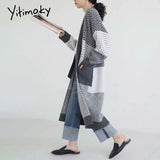 Kukombo Long Cardigan Women Elegant Ladies Loose Ribbed Korean Style Plaid Knitted outwears Sweaters Fashion 2022 Spring Autumn