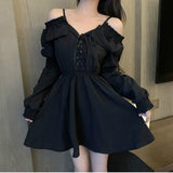 Kukombo Graduation Gift Big Sale Gothic Black Dress Women Casual Button Lace Evening Party Sexy Mini Dress Female Long Sleeve One-piece Dress Korean spring K48