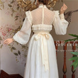 Kukombo Organza Lace Ruffled Shoulder Victorian Long Literary Retro Fairy Dress Robe