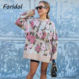 Kukombo Flower Print Oversize Long Knitwear Floral Sweater Pull Femme Khaki Vintage Casual Winter Basic Jumper Jersey Knitted