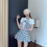 Christmas Gift Japanese Kawaii Short Sleeve Blue Paild JK Suit Women Bow Tie Pleated Skirt Cosplay Sailor Student Girls High School Clothing