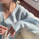 Kukombo Cardigan Women Sweater Korean Fashion Blue V-Neck Knitted Lady Clothes Solid Casual Pink Warm Loose Coat 2022 Spring