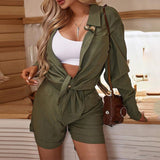 Kukombo  Women Elegant Two Piece Set Casual Long Sleeve Lace Up Shirt Top And High Waist Shorts Suit Fashion Office Lady Solid Tracksuits