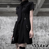 Kukombo Goth Dress Punk Gothic Harajuku Summer Black Mini Dress Shirt Women 2022 Short Sleeve Emo Clothes Mall Goth Dark Academia