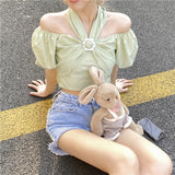 Kukombo Vintage Palace Style Puff Sleeve Shirt Women Summer New Strapless Halter Crop Tops Avocado Green One Shoulder Top Female