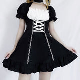 Kukombo Women's Maid Dress Kawaii Lolita Outfit French Milkmaid Costume Cosplay Bandage Sexy Waitress Dress Puff Sleeve Uniform