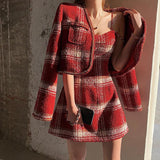 Kukombo  Winter New Female Chic Woolen Two-Piece Sets Christmas Red Hepburn Style Jacket + Plaid Suspender Dress Suits