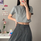 Kukombo Short Sleeve T-Shirts Women Solid Cropped Tops Sexy Stylish Harajuku Streetwear Girls Cool Loose All-Match Korean Style Casual