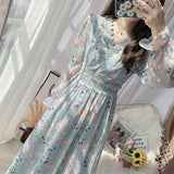 Kukombo  JuneLove New Spring Women V-neck Elegant Lace Print Dress Lady Long Sleeve Floral Dress Female High Waist French Retro Vestidos