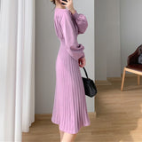 Kukombo Soft Elegant Women Knitted Dresses 2022 New V-Neck Korean Style High Waist Warm Lady Long Dresses Female Clothing