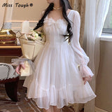 Kukombo  Autumn White Sweet Fairy Dress Women Bow Princess Kawaii Party Mini Dress Female Casual Korean Fashion Lolita Dress 2022 New