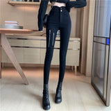 Kukombo  2022 spring autumn new elastic zipper leggings large size pants trousers slim pants black feet pants women's pencil pants KZ539