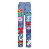 Kukombo Graphics Letter Printed Baggy Women Jeans Pants High Waist Wide Leg Punk Cute Demin Fashion Streetwear Girls 90s