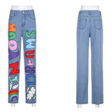 Kukombo Graphics Letter Printed Baggy Women Jeans Pants High Waist Wide Leg Punk Cute Demin Fashion Streetwear Girls 90s