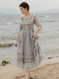 Kukombo Back to school outfit Cottage Style Gray Lace Fairy Dress Summer Vintage Royal Flare Sleeve Square Collar Gorgeous Princess Dresses Tulle Vestido