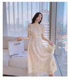 Kukombo Hstar Vintage Summer Elegant Women French Retro Lace V-Neck Princess Fairy Dress Puff Sleeve Party Dress 2022 Traf Платье Robe