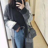 Kukombo Long Cardigan Women Elegant Ladies Loose Ribbed Korean Style Plaid Knitted outwears Sweaters Fashion 2022 Spring Autumn