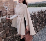 Christmas Gift Korean New Style Solid Color Loose Cape Coat Collect Waist Woolen Medium Long Coat Women Winter Tops For Woman